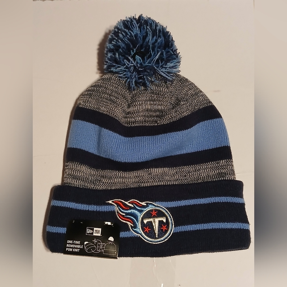 New Era Tennessee Titans Navy Blue Cuff Pom Mens Knit Hat.
